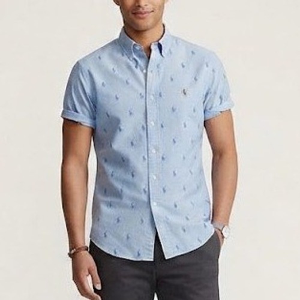Ralph Lauren Button Down Mens XXL Blue All Over Pony Oxford Shirt Short Sleeve